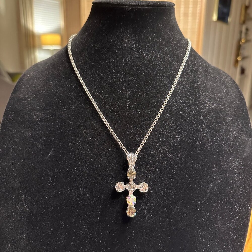 Silver-Plated Rhinestone Cross Pendant Necklace On Chain